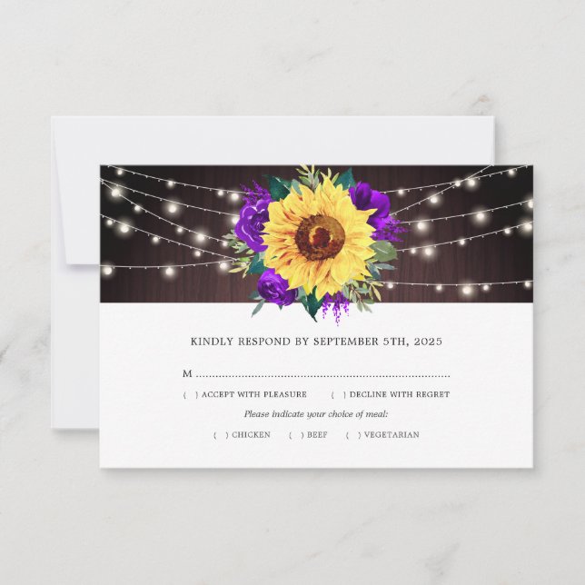 Sonnenblumen Lila Rose Lights Hochzeit Holz RSVP Karte (Vorderseite)
