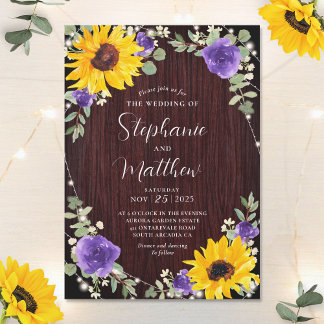 Sonnenblumen Lila Rose Lights Wood Wedding Einladung