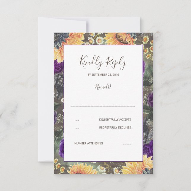 Sonnenblumen Lila Rustikale Hochzeit im Herbst UAW RSVP Karte (Vorderseite)