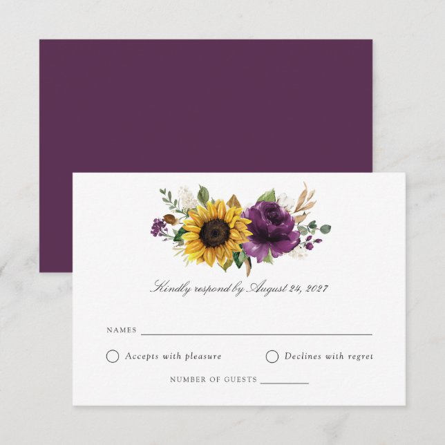Sonnenblumen Lila Violetgrün Hochzeit RSVP Einladung (Vorne/Hinten)