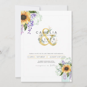 Sonnenblumen Lila Wisteria Moderne Hochzeit EINLAD Einladung