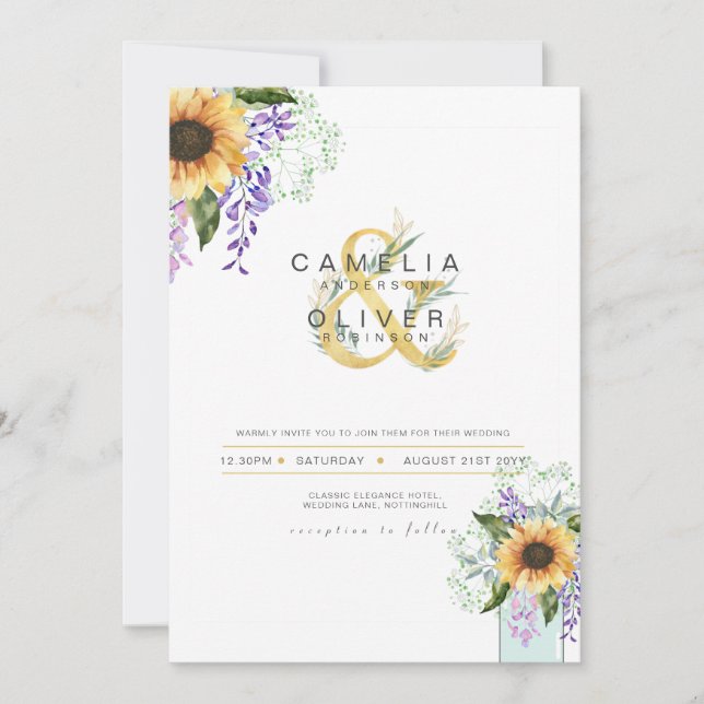 Sonnenblumen Lila Wisteria Moderne Hochzeit INVITE Einladung (Vorderseite)