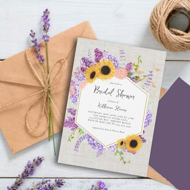 Sonnenblumen Lilac Hexagon Rustikales Chic Brautpa Einladung (rustic bridal shower invitation sunflowers lilac hydrangea butterflies hexagon burlap country chic)