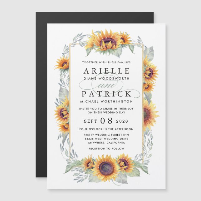 Sonnenblumen Magnetic Watercolor Hochzeitseinladun Magneteinladung (Vorne/Hinten)