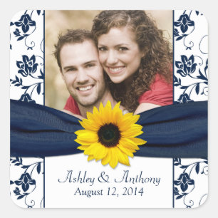 Sonnenblumen-Marine und White Damask Hochzeitskleb Quadratischer Aufkleber