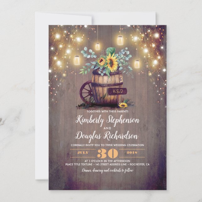 Sonnenblumen Mason Jar Lights Hochzeit im Herbst Einladung (Vorderseite)