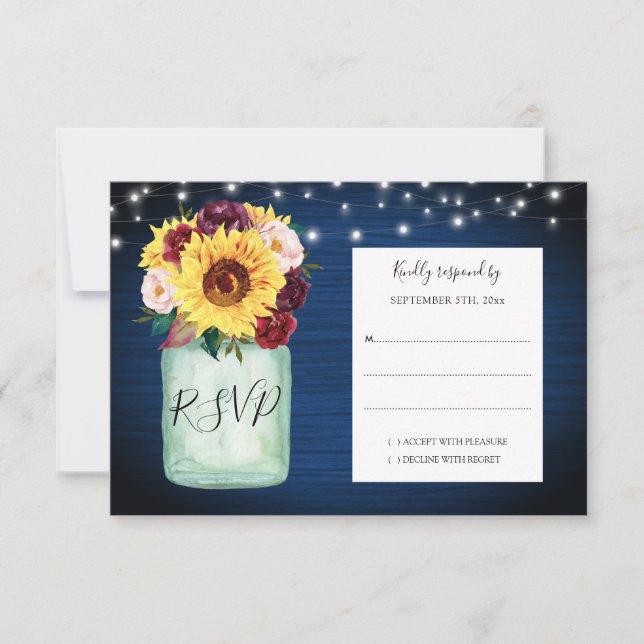 Sonnenblumen Mason Jar Navy Blue Wedding RSVP Karte (Vorderseite)