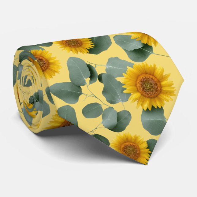 Sonnenblumen mit Eukalyptusblätter-Muster Krawatte (Gerollt)