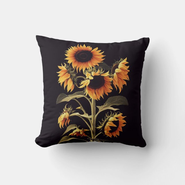 SONNENBLUMEN MIT GRÜNEN BLÄTTER IN SCHWARZ KISSEN (Vorderseite)
