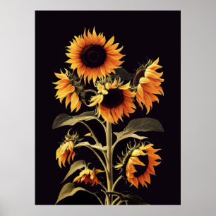 SONNENBLUMEN MIT GRÜNEN BLÄTTER IN SCHWARZ POSTER
