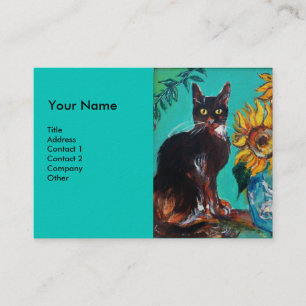 SONNENBLUMEN MIT KATZE, blau Visitenkarte