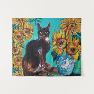 SONNENBLUMEN MIT KATZE IN BLAUEM TURQUOISE WANDTEPPICH