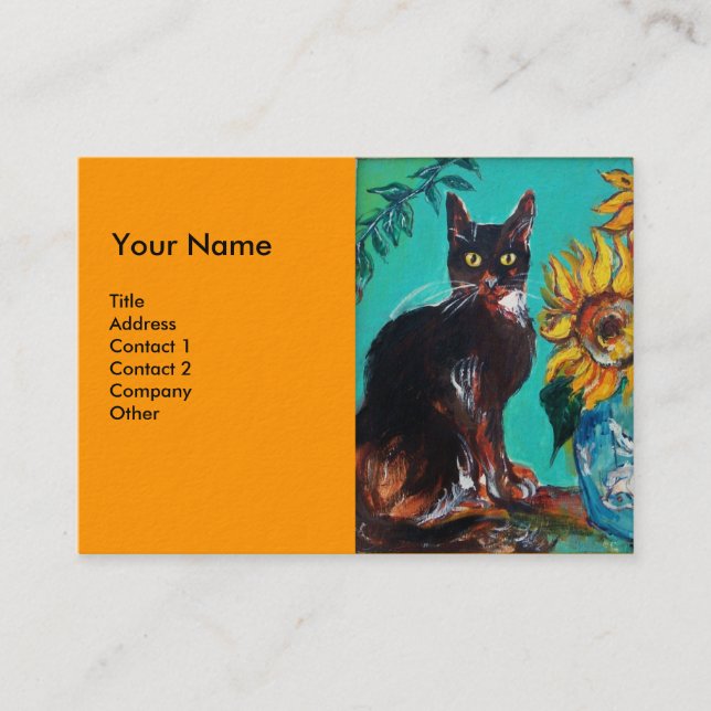 SONNENBLUMEN MIT KATZE, orange-gelb Visitenkarte (Vorderseite)