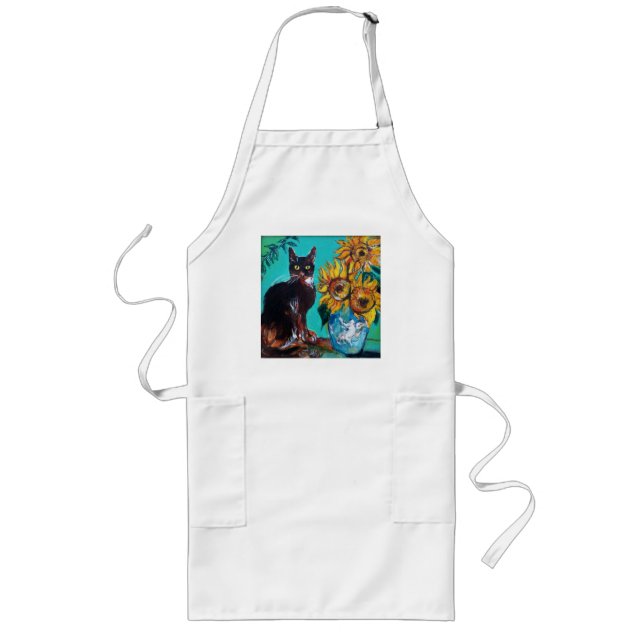 SONNENBLUMEN MIT SCHWARZEM CAT IM BLAUEN TÜRKIS LANGE SCHÜRZE (Vorne)