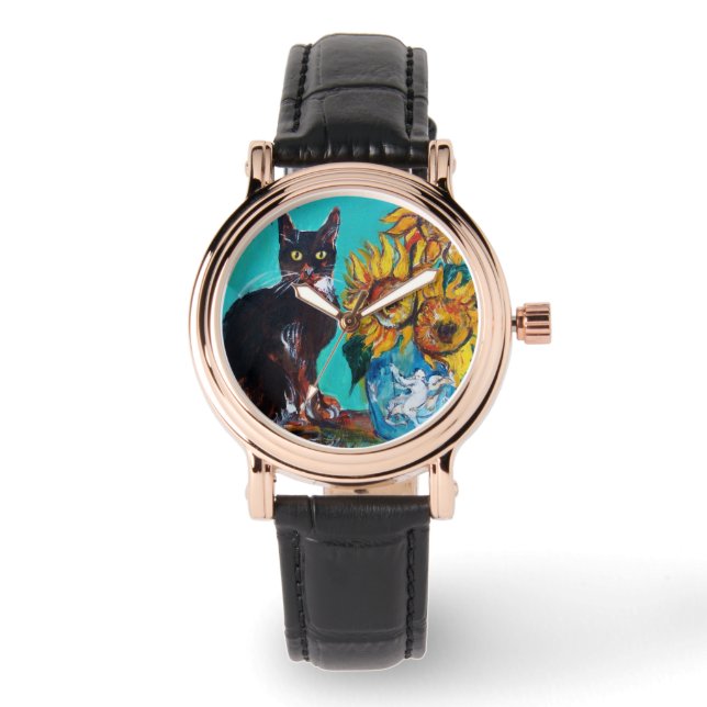 SONNENBLUMEN MIT SCHWARZEM KATZGEBÄUDE, türkisblau Armbanduhr (Vorderseite)
