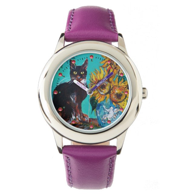 SONNENBLUMEN MIT SCHWARZER KATZE, Gelb, Türkisblau Armbanduhr (Vorderseite)
