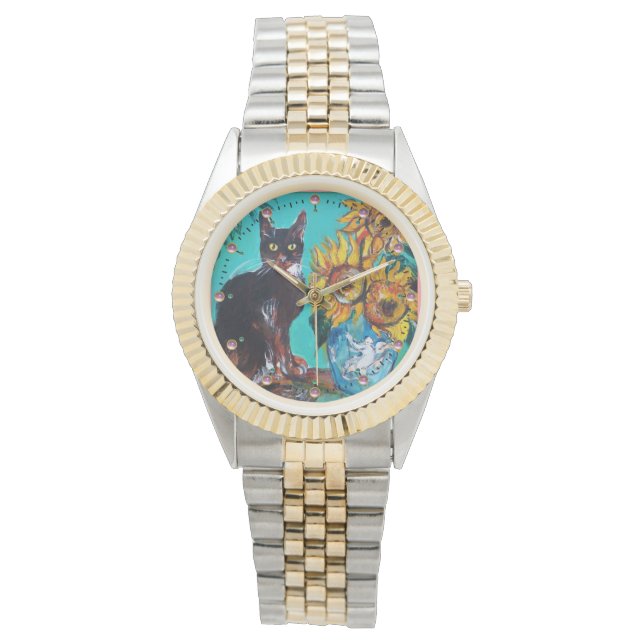 SONNENBLUMEN MIT SCHWARZER KATZE, Gelb, Türkisblau Armbanduhr (Vorderseite)