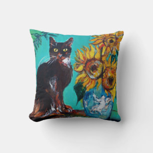 SONNENBLUMEN MIT SCHWARZER KATZE IN BLAU TURKOIS KISSEN