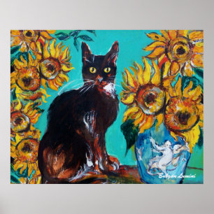 SONNENBLUMEN MIT SCHWARZER KATZE IN BLAU TURKOIS POSTER