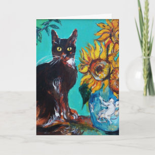 SONNENBLUMEN MIT SCHWARZER KATZE IN BLAUEM TÜRKIS KARTE