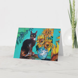 SONNENBLUMEN MIT SCHWARZER KATZE IN BLAUEM TÜRKIS KARTE