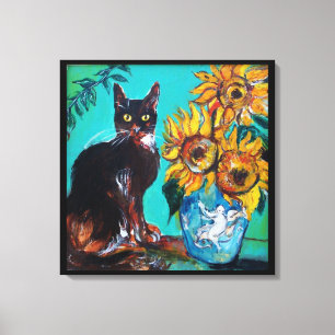 SONNENBLUMEN MIT SCHWARZER KATZE IN BLAUEM TÜRKIS LEINWANDDRUCK