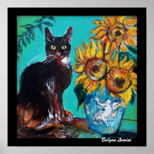SONNENBLUMEN MIT SCHWARZER KATZE IN BLAUEM TÜRKIS POSTER