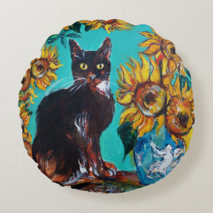 SONNENBLUMEN MIT SCHWARZER KATZE IN BLAUEM TÜRKIS RUNDES KISSEN