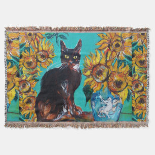 SONNENBLUMEN MIT SCHWARZER KATZE IN BLAUEM TURQUOI DECKE