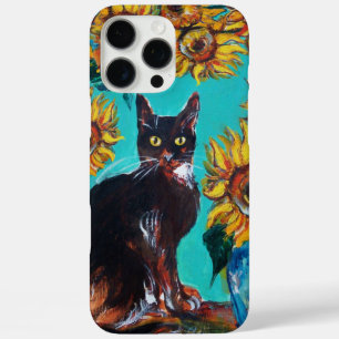SONNENBLUMEN MIT SCHWARZER KATZE IN BLAUEM TURQUOI iPhone 16 PRO MAX HÜLLE