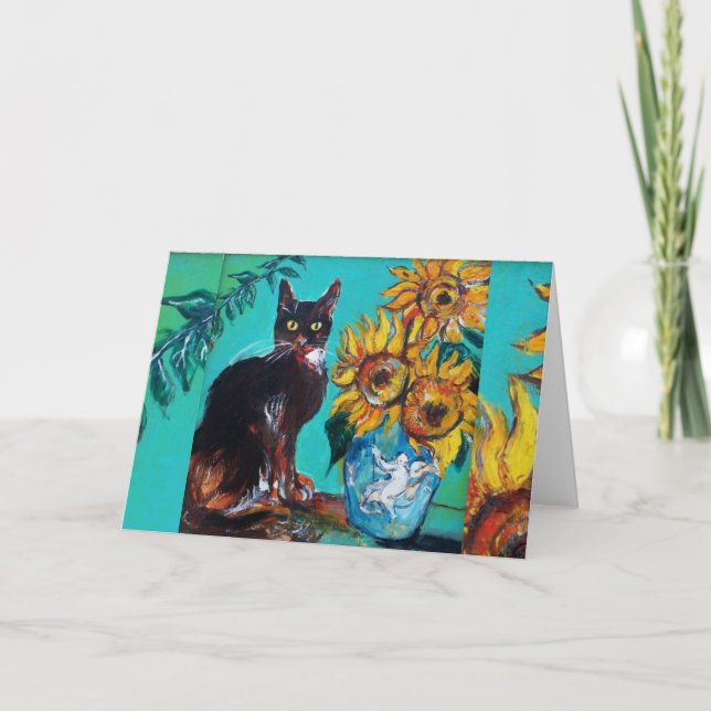 SONNENBLUMEN MIT SCHWARZER KATZE IN BLAUEM TURQUOI KARTE (Vorderseite)