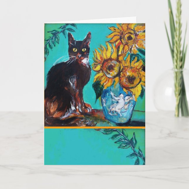 SONNENBLUMEN MIT SCHWARZER KATZE IN BLAUEM TURQUOI KARTE (Vorderseite)