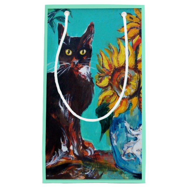 SONNENBLUMEN MIT SCHWARZER KATZE IN BLAUEM TURQUOI KLEINE GESCHENKTÜTE (Vorderseite)