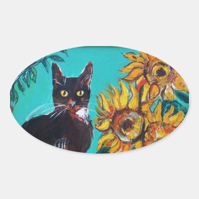 SONNENBLUMEN MIT SCHWARZER KATZE IN BLAUEM TURQUOI OVALER AUFKLEBER (Vorderseite)