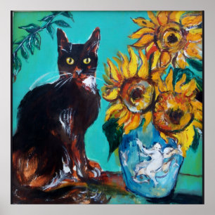 SONNENBLUMEN MIT SCHWARZER KATZE IN BLAUEM TURQUOI POSTER