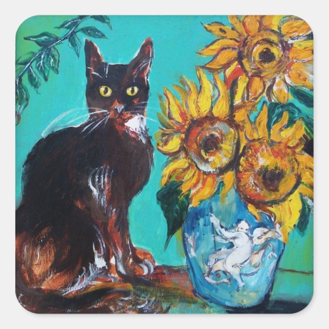 SONNENBLUMEN MIT SCHWARZER KATZE IN BLAUEM TURQUOI QUADRATISCHER AUFKLEBER (Vorderseite)