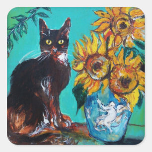 SONNENBLUMEN MIT SCHWARZER KATZE IN BLAUEM TURQUOI QUADRATISCHER AUFKLEBER