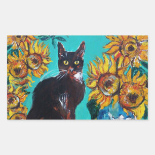 SONNENBLUMEN MIT SCHWARZER KATZE IN BLAUEM TURQUOI RECHTECKIGER AUFKLEBER