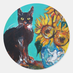 SONNENBLUMEN MIT SCHWARZER KATZE IN BLAUEM TURQUOI RUNDER AUFKLEBER