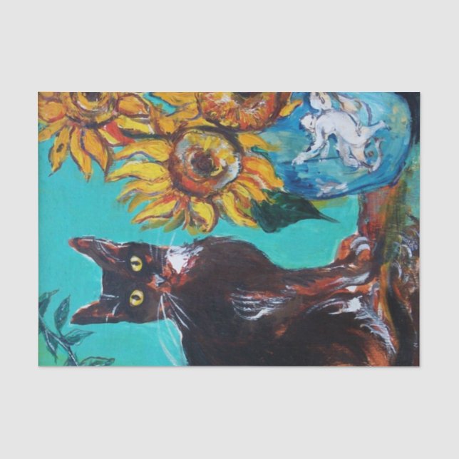 SONNENBLUMEN MIT SCHWARZER KATZE IN BLAUEM TURQUOI SEIDENPAPIER (Vorderseite)