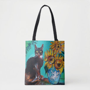 SONNENBLUMEN MIT SCHWARZER KATZE IN BLAUEM TURQUOI TASCHE