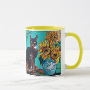 SONNENBLUMEN MIT SCHWARZER KATZE IN BLAUEM TURQUOI TASSE
