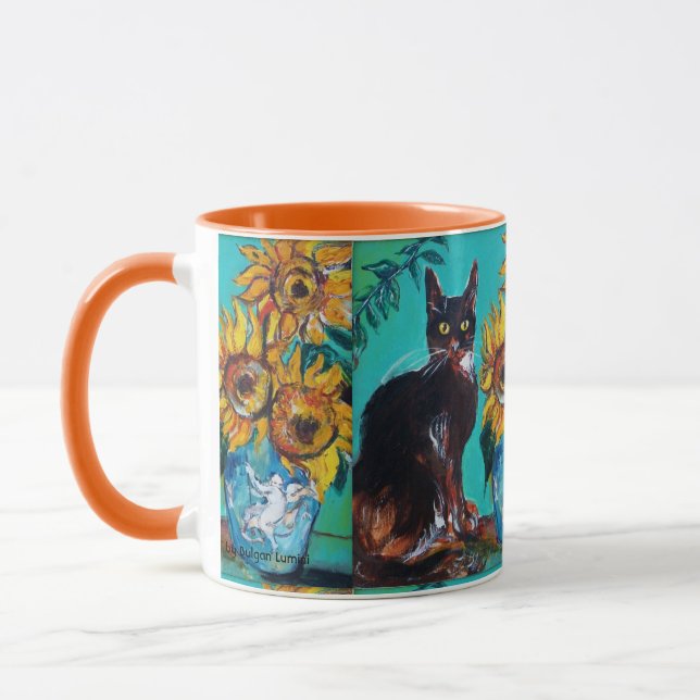 SONNENBLUMEN MIT SCHWARZER KATZE IN BLAUEM TURQUOI TASSE (Links)
