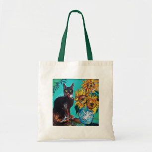 SONNENBLUMEN MIT SCHWARZER KATZE IN BLAUEM TURQUOI TRAGETASCHE