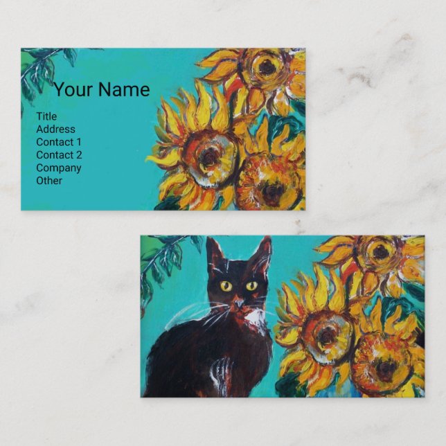 SONNENBLUMEN MIT SCHWARZER KATZE IN BLAUEM TURQUOI VISITENKARTE (Vorne/Hinten)
