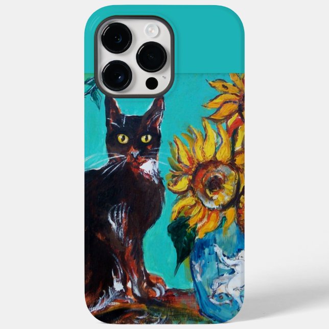 SONNENBLUMEN MIT SCHWARZER KATZE IN BLUE TURQUOISE Case-Mate iPhone 14 PRO MAX HÜLLE (Rückseite)