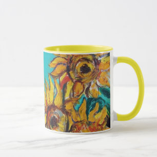 SONNENBLUMEN MIT SCHWARZER KATZE IN BLUE TURQUOISE TASSE
