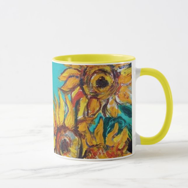 SONNENBLUMEN MIT SCHWARZER KATZE IN BLUE TURQUOISE TASSE (Rechts)