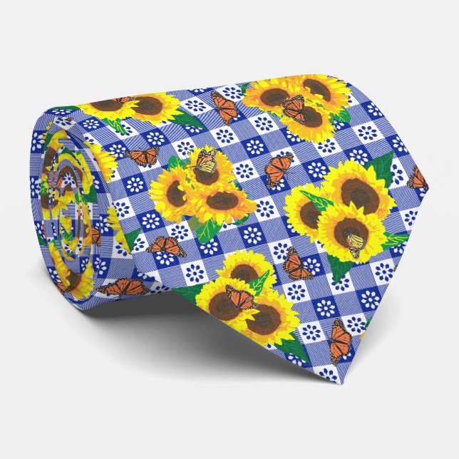 Sonnenblumen Monarch Butterflies Blaues Gingham Mu Krawatte (Gerollt)