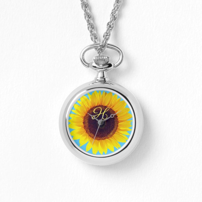 Sonnenblumen Monogram Initial Blue Sky Armbanduhr (Vorderseite)